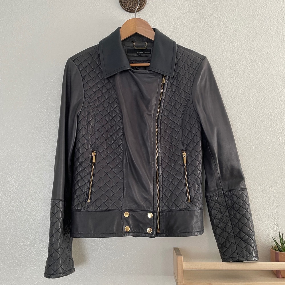 Wilsons Leather‎ Womens Navy Blue Quilted Moto Biker Jacket Gold Hardware Large